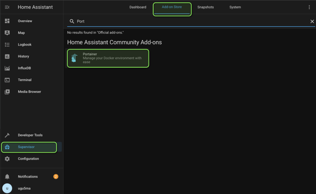 Home Assistant 
Oveniew 
Innux0B 
Brows« 
ration 
Dashboard 
Addnn SWe 
Snapshots 
q port 
No results found in •Official add-ons.' 
Home Assistant Community Add-ons 
Port a i 
Manage your with 